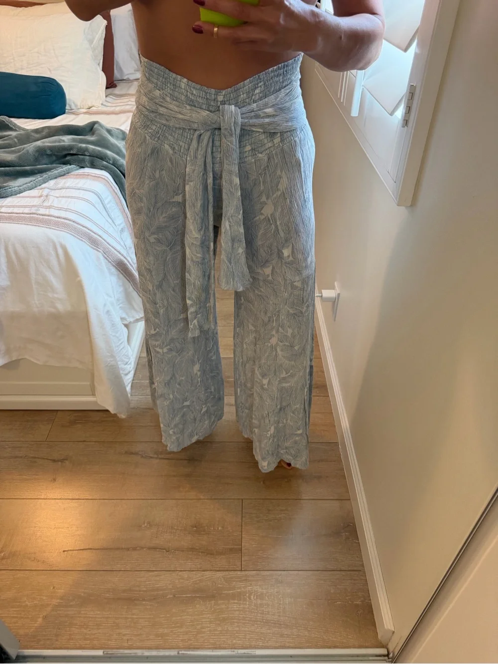 Light Blue Tropical Print Tie-Waist Wide Leg Pants - Picture 1 of 6